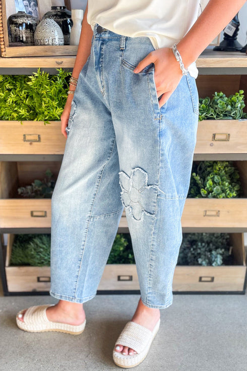 Boho Flower Patch Applique High Rise Barrel Leg Cropped Jeans