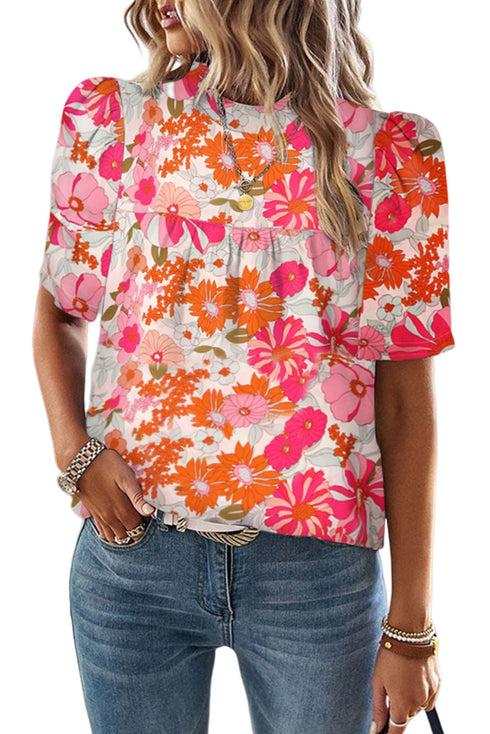 Boho Flower Print Puff Short Sleeve Top