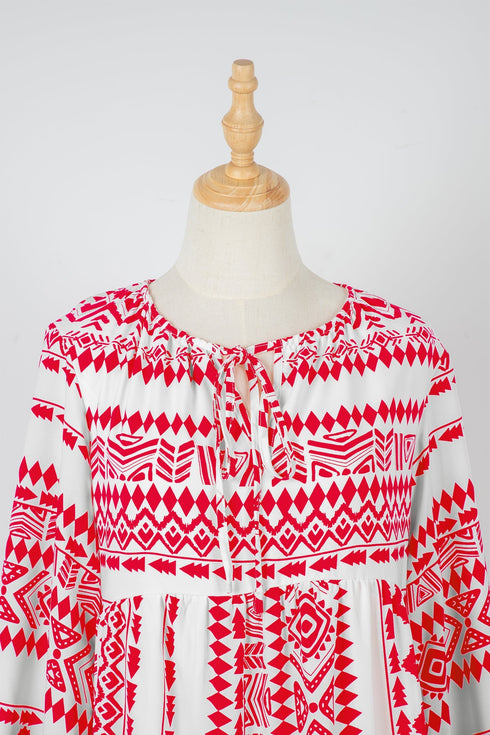 Boho Geometric Print Puff Sleeve Tiered Midi Dress