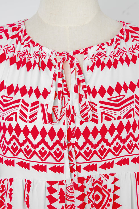 Boho Geometric Print Puff Sleeve Tiered Midi Dress