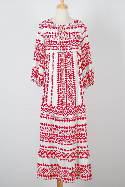 Boho Geometric Print Puff Sleeve Tiered Midi Dress