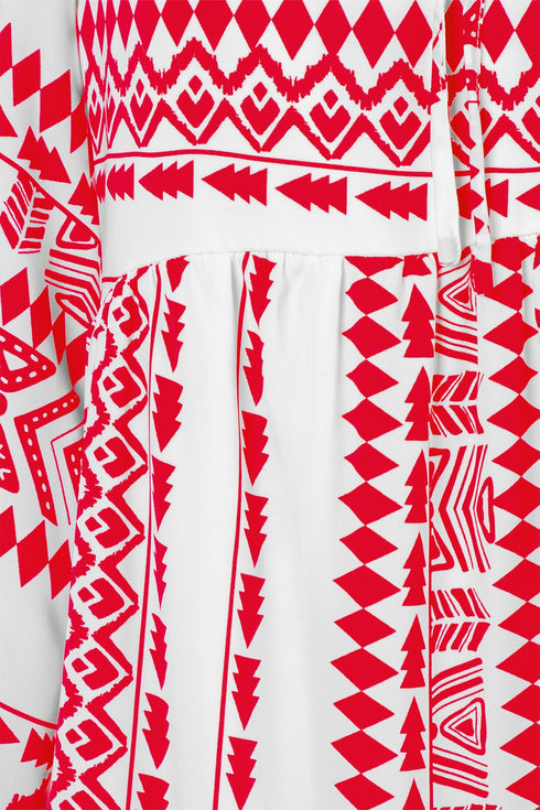 Boho Geometric Print Puff Sleeve Tiered Midi Dress