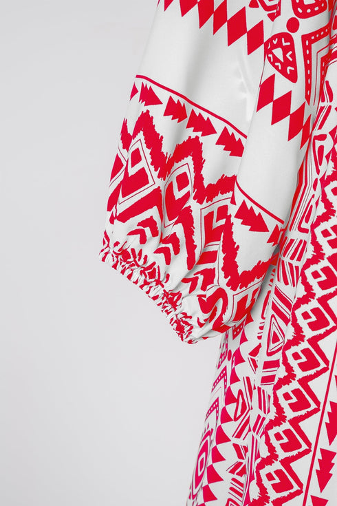 Boho Geometric Print Puff Sleeve Tiered Midi Dress