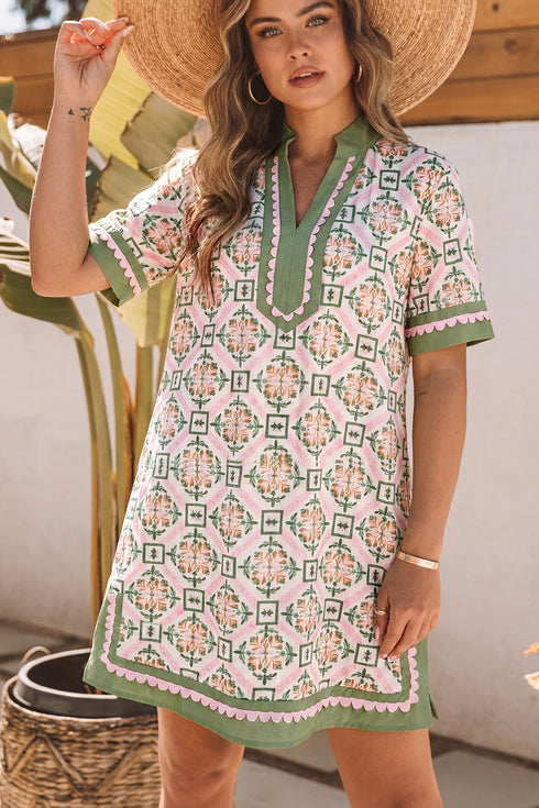 Boho Geometric Print Short Sleeve Loose Floral Dress