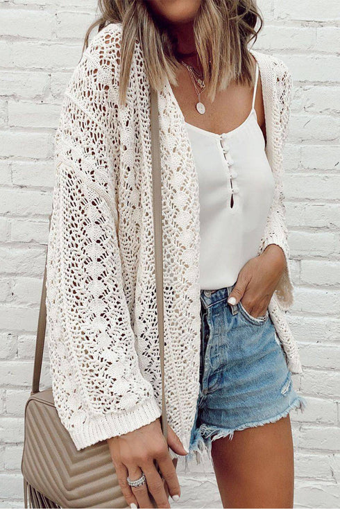 Boho Lace Knit Open Front Long Sleeve Cardigan