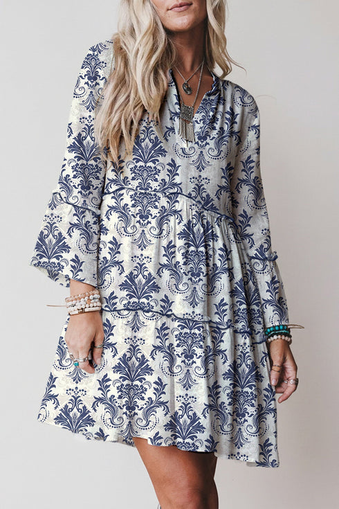Boho Lettuce Trim Three Quarter Sleeve Mini Floral Dress