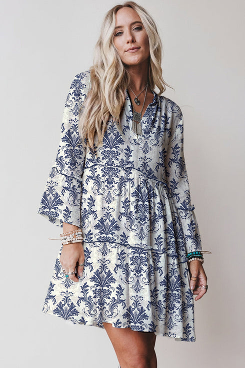 Boho Lettuce Trim Three Quarter Sleeve Mini Floral Dress