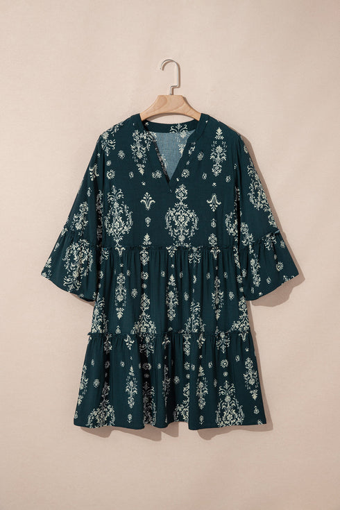 Boho Lettuce Trim Three Quarter Sleeve Mini Floral Dress