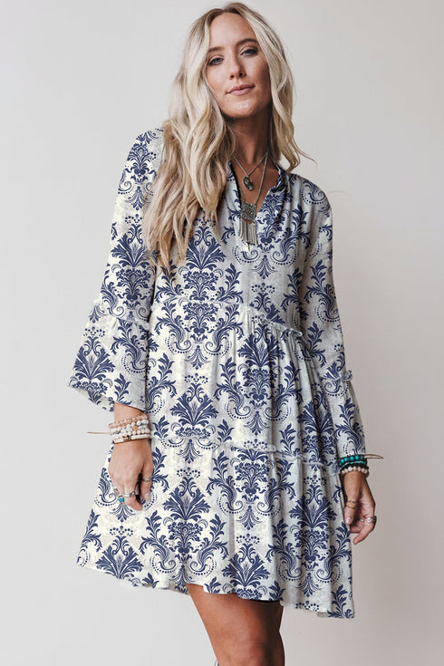 Boho Lettuce Trim Three Quarter Sleeve Mini Floral Dress
