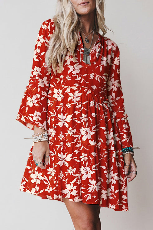 Boho Lettuce Trim Three Quarter Sleeve Mini Floral Dress