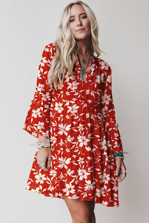 Boho Lettuce Trim Three Quarter Sleeve Mini Floral Dress
