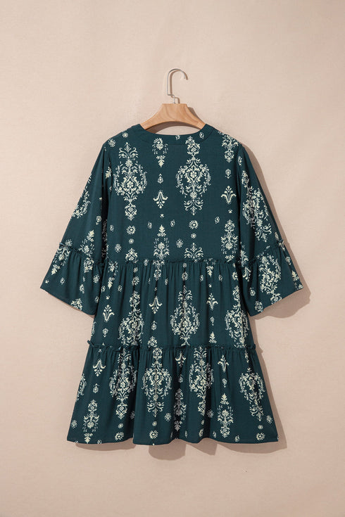 Boho Lettuce Trim Three Quarter Sleeve Mini Floral Dress
