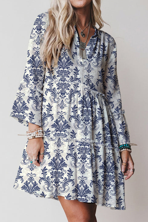 Boho Lettuce Trim Three Quarter Sleeve Mini Floral Dress