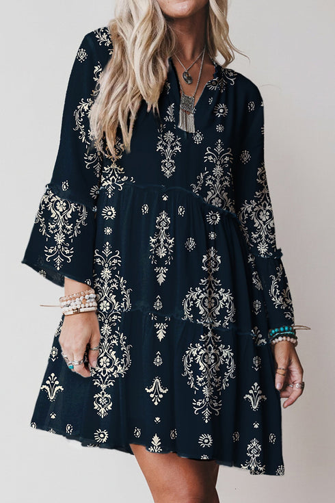 Boho Lettuce Trim Three Quarter Sleeve Mini Floral Dress