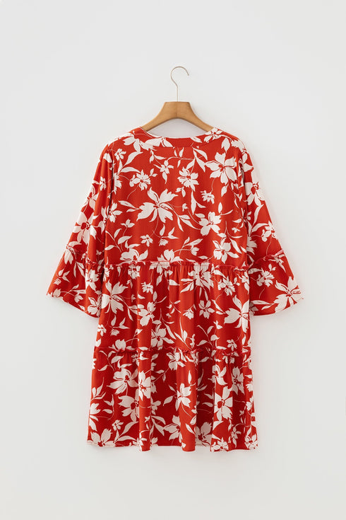 Boho Lettuce Trim Three Quarter Sleeve Mini Floral Dress