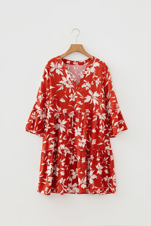 Boho Lettuce Trim Three Quarter Sleeve Mini Floral Dress
