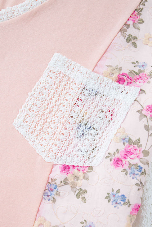 Boho Mixed Media Lace And Floral Print Top