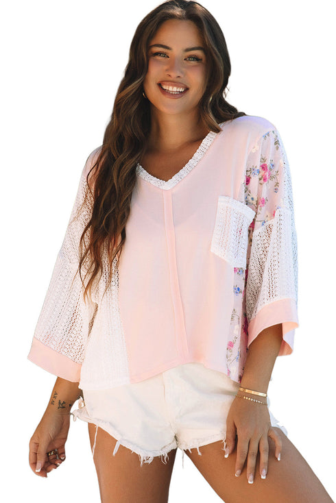 Boho Mixed Media Lace And Floral Print Top