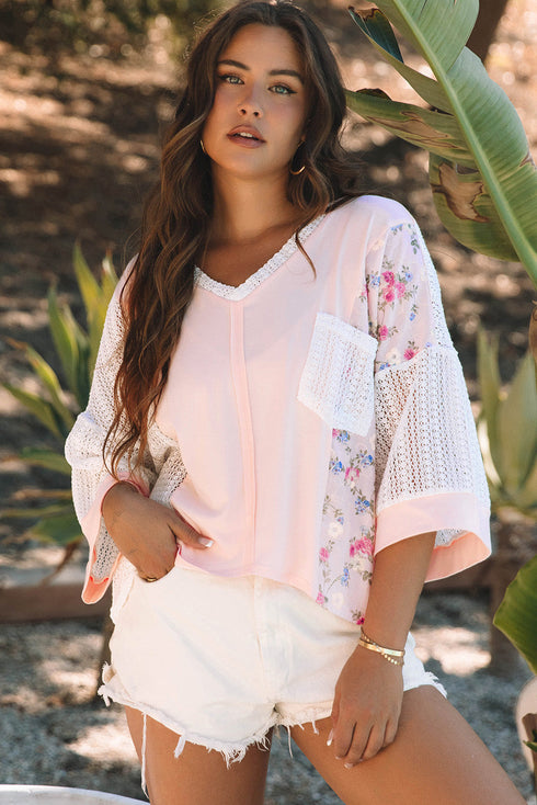 Boho Mixed Media Lace And Floral Print Top