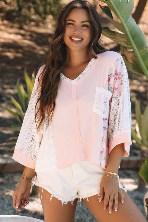 Boho Mixed Media Lace And Floral Print Top