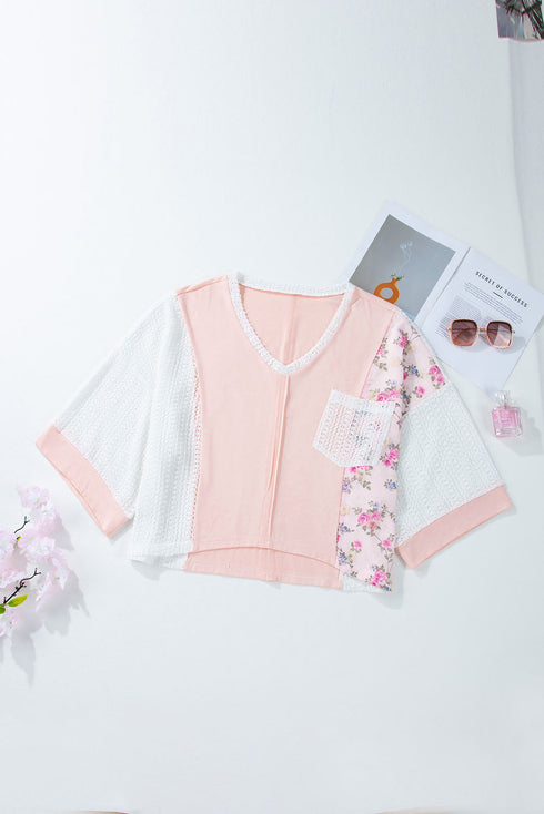 Boho Mixed Media Lace And Floral Print Top