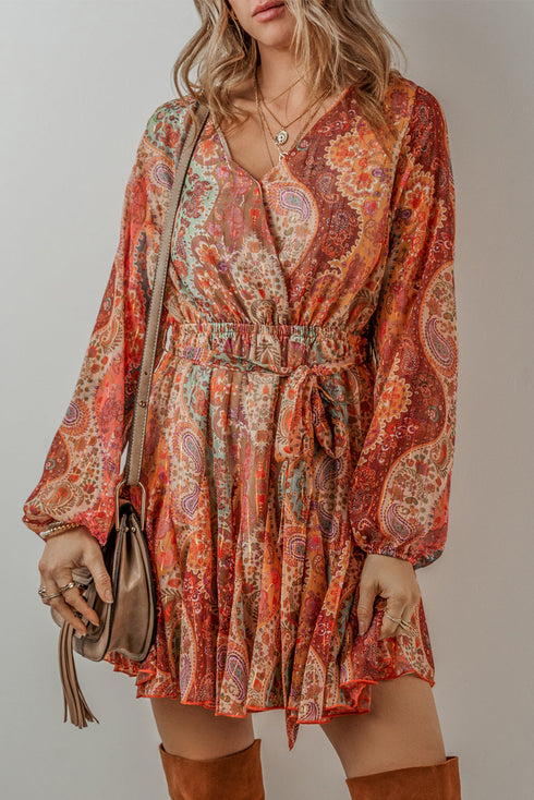 Boho Paisley Print Long Sleeve Pleated Belted Mini Dresses