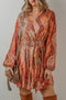 Boho Paisley Print Long Sleeve Pleated Belted Mini Dresses