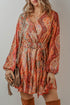 Boho Paisley Print Long Sleeve Pleated Belted Mini Dresses