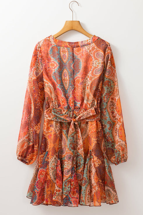 Boho Paisley Print Long Sleeve Pleated Belted Mini Dresses