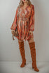 Boho Paisley Print Long Sleeve Pleated Belted Mini Dresses