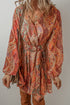 Boho Paisley Print Long Sleeve Pleated Belted Mini Dresses