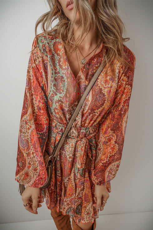 Boho Paisley Print Long Sleeve Pleated Belted Mini Dresses