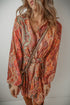 Boho Paisley Print Long Sleeve Pleated Belted Mini Dresses