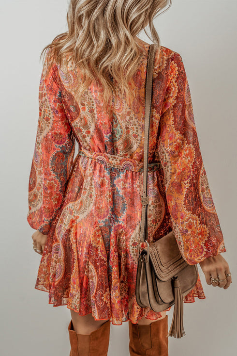 Boho Paisley Print Long Sleeve Pleated Belted Mini Dresses