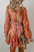 Boho Paisley Print Long Sleeve Pleated Belted Mini Dresses