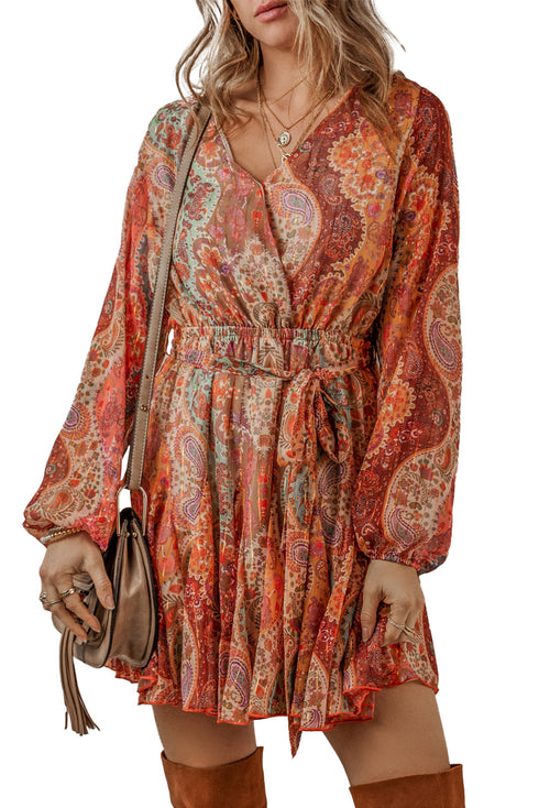 Boho Paisley Print Long Sleeve Pleated Belted Mini Dresses