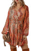 Boho Paisley Print Long Sleeve Pleated Belted Mini Dresses
