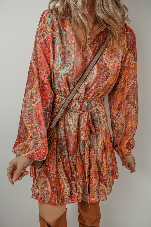 Boho Paisley Print Long Sleeve Pleated Belted Mini Dresses