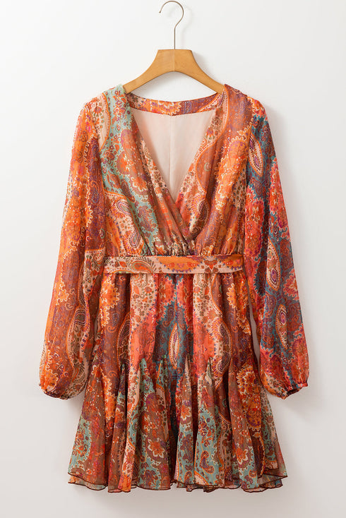Boho Paisley Print Long Sleeve Pleated Belted Mini Dresses