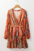 Boho Paisley Print Long Sleeve Pleated Belted Mini Dresses