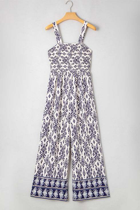 Boho Paisley Print Smocked High Waist Wide Leg Jumpsuit