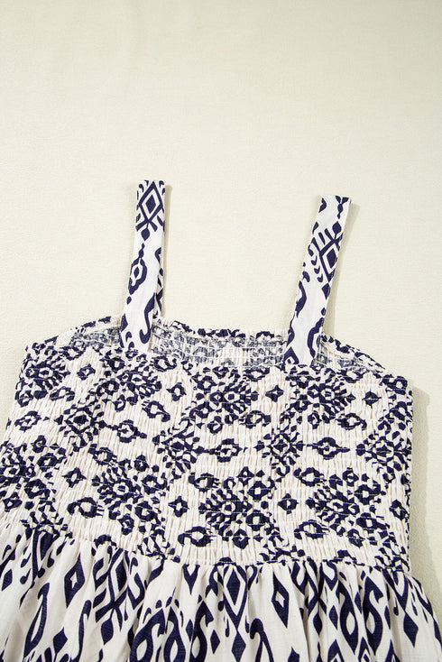 Boho Paisley Print Smocked High Waist Wide Leg Jumpsuit