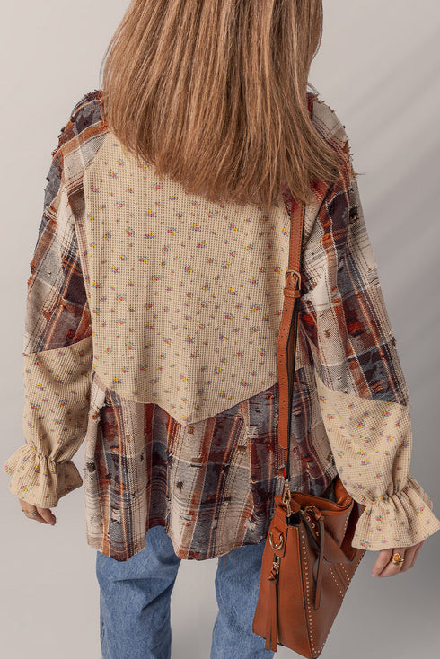 Boho Patchwork Plaid Waffle Knit Ruffled Sleeve Shackets