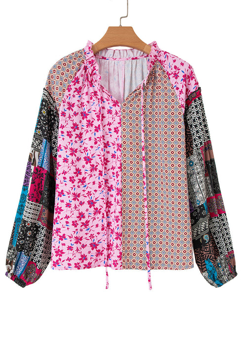 Boho Patchwork Print Tie Neck Bubble Sleeve Blouse