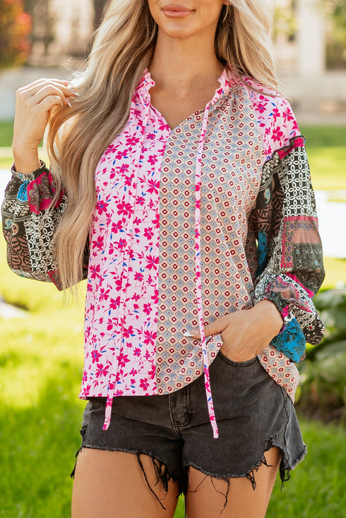 Boho Patchwork Print Tie Neck Bubble Sleeve Blouse