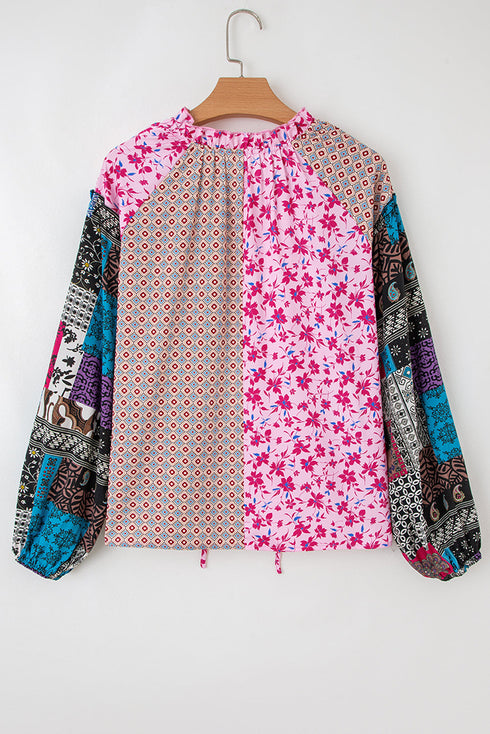 Boho Patchwork Print Tie Neck Bubble Sleeve Blouse