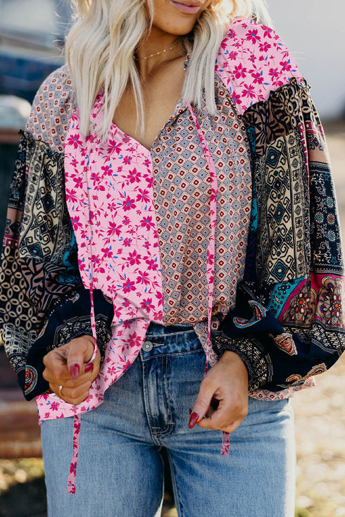 Boho Patchwork Print Tie Neck Bubble Sleeve Blouse