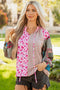 Boho Patchwork Print Tie Neck Bubble Sleeve Blouse