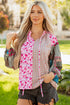 Boho Patchwork Print Tie Neck Bubble Sleeve Blouse