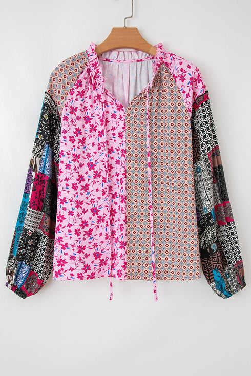 Boho Patchwork Print Tie Neck Bubble Sleeve Blouse